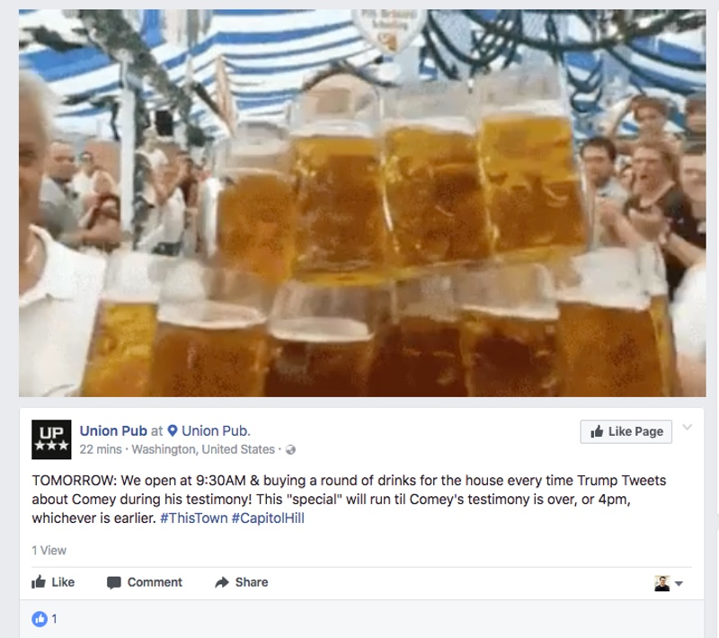 Screenshot from the Facebook page for Union Pub at 201 Massachusetts Ave., NE in Washington, DC on June 7, 2017 offering free drinks tomorrow (Screenshot/Facebook)
